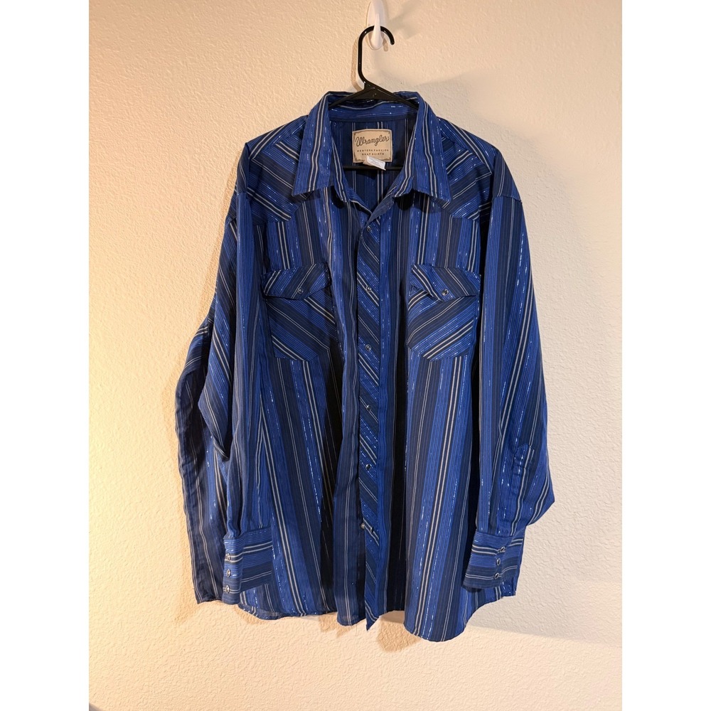 Wrangler Western Blue Metallic Tinsel Vertical Stripe Pearl Snap Shirt 3X
